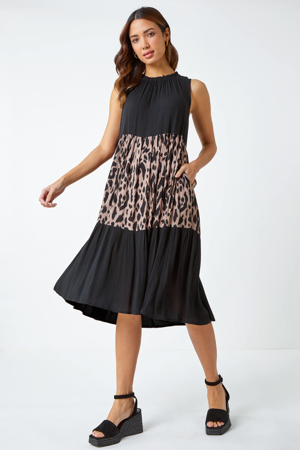 Black Leopard Print Panel Smock Dress