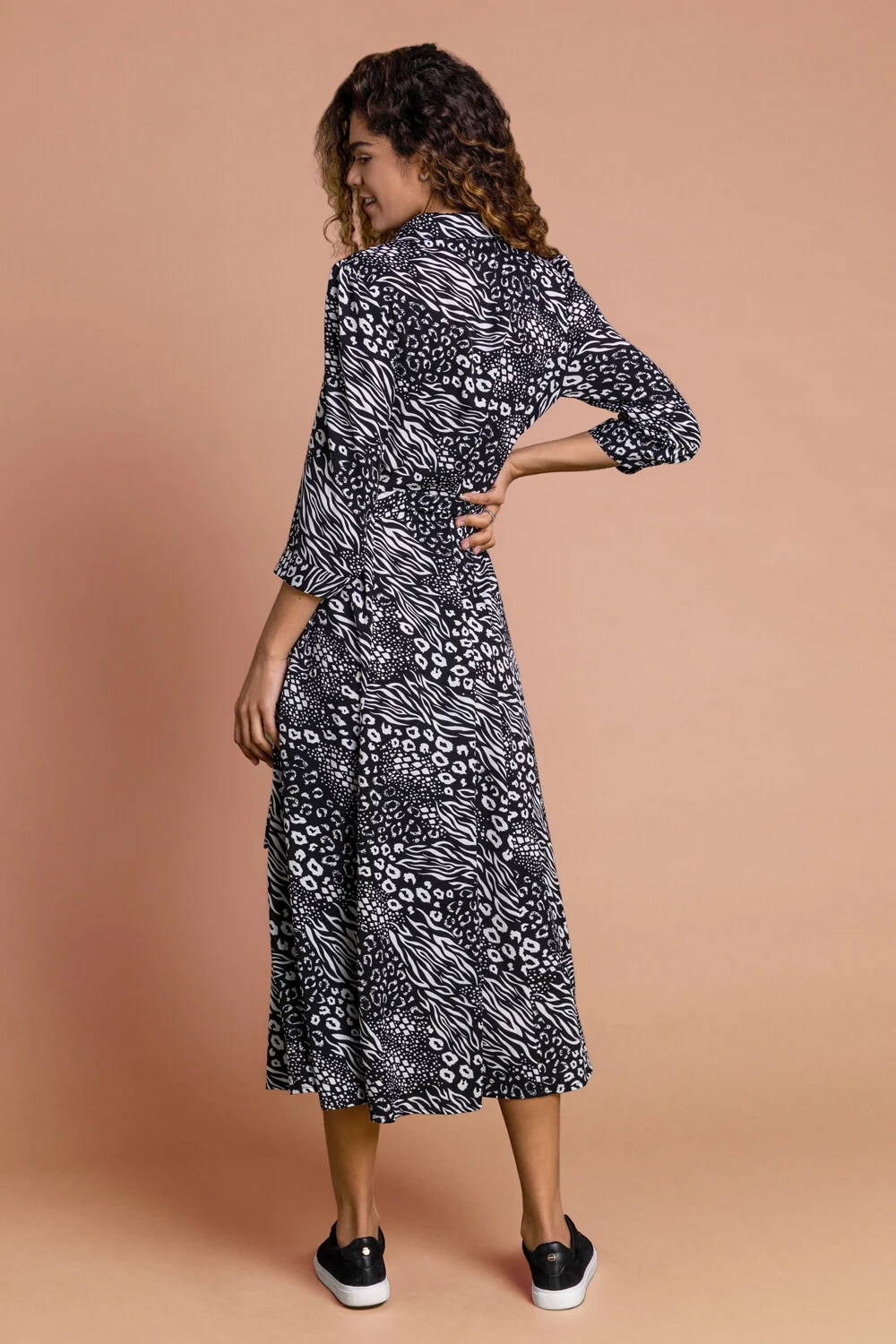 Black Animal Print Belted Shirt Dress