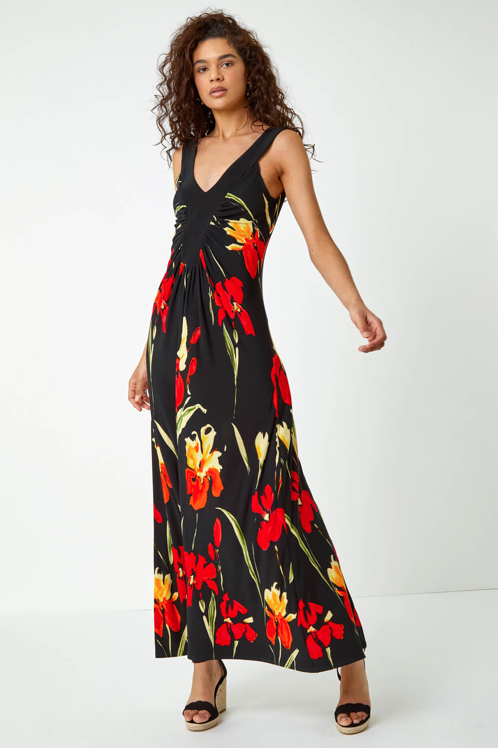 Black Floral Stretch Jersey Maxi Dress