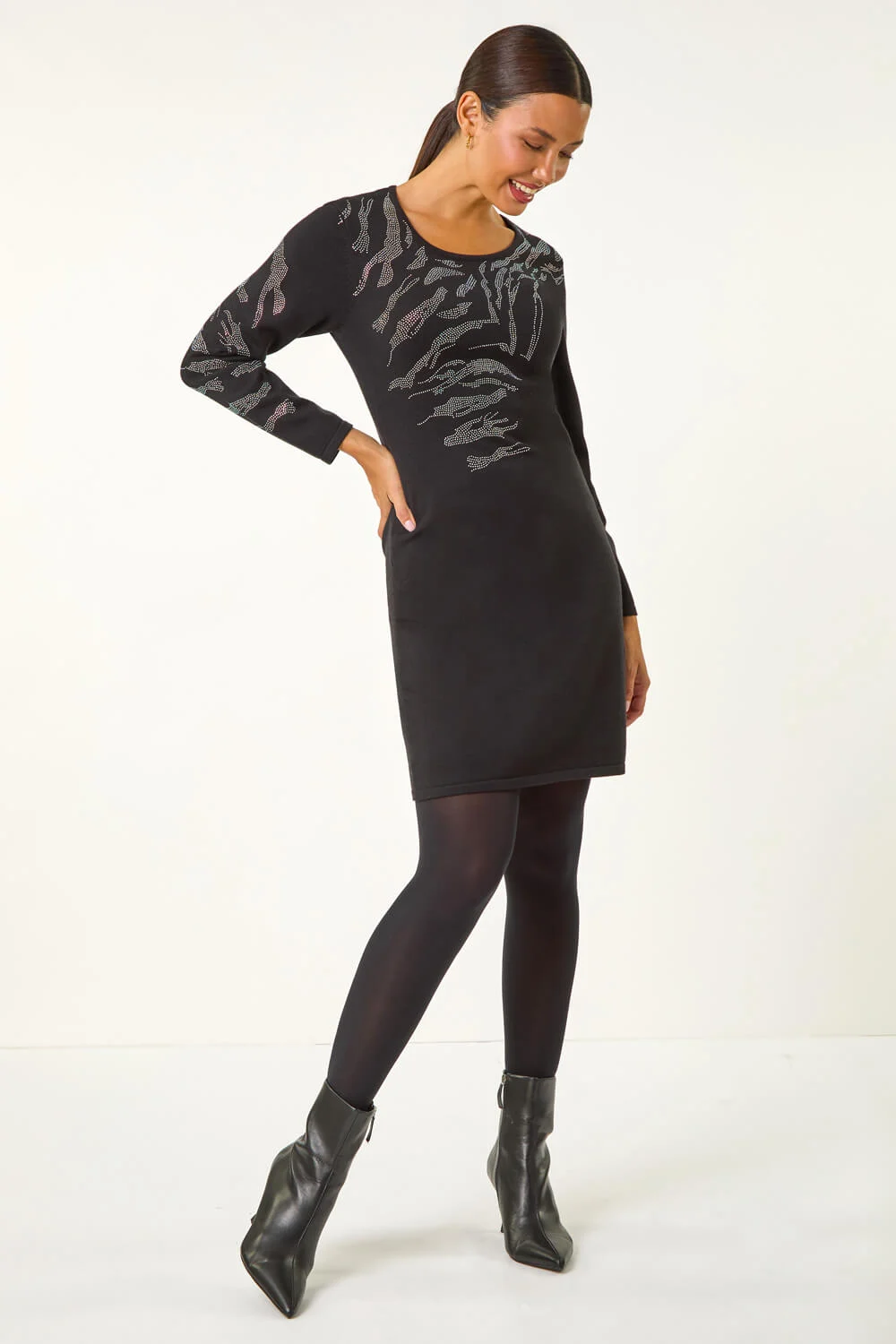 Black Animal Print Embellished Hotfix Shift Dress