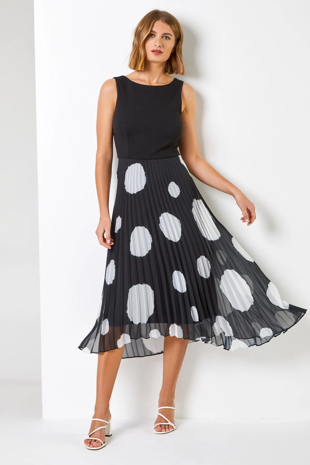 Black Contrast Spot Print Chiffon Fit & Flare Dress