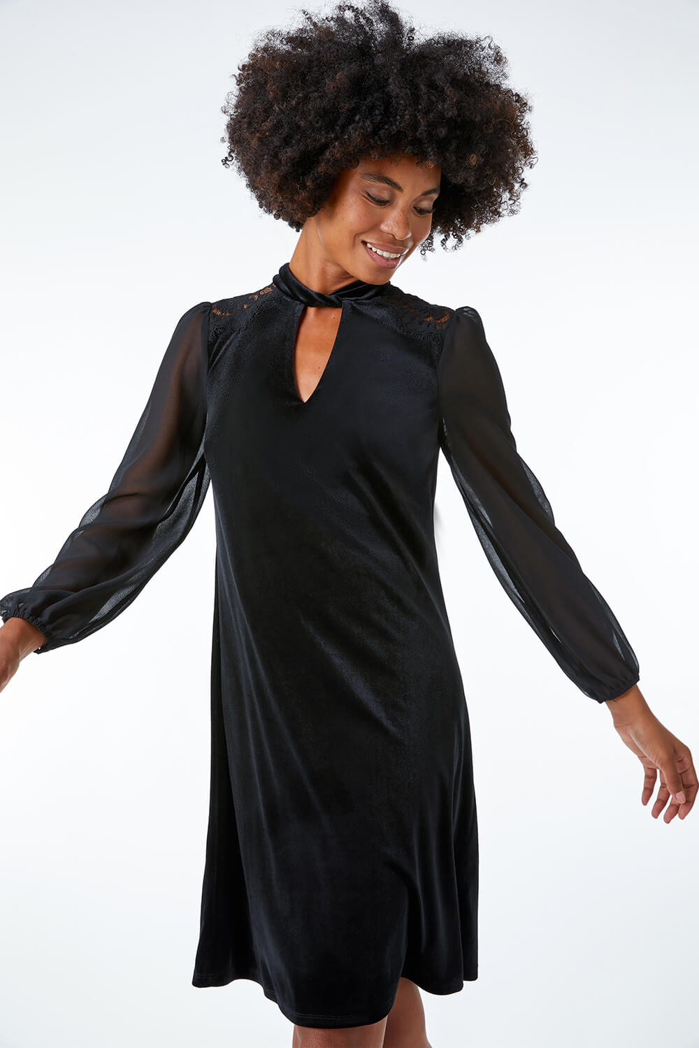 Black Chiffon Shoulder Velvet Lace Trim Swing Dress