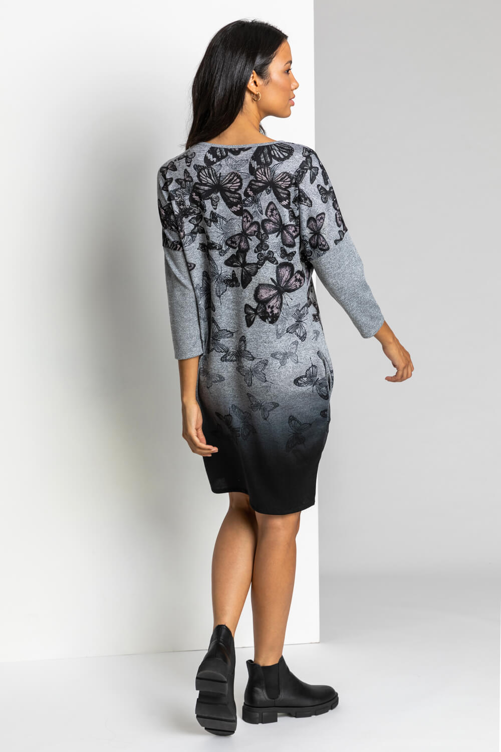Black Butterfly Print Embellished Slouch Dress