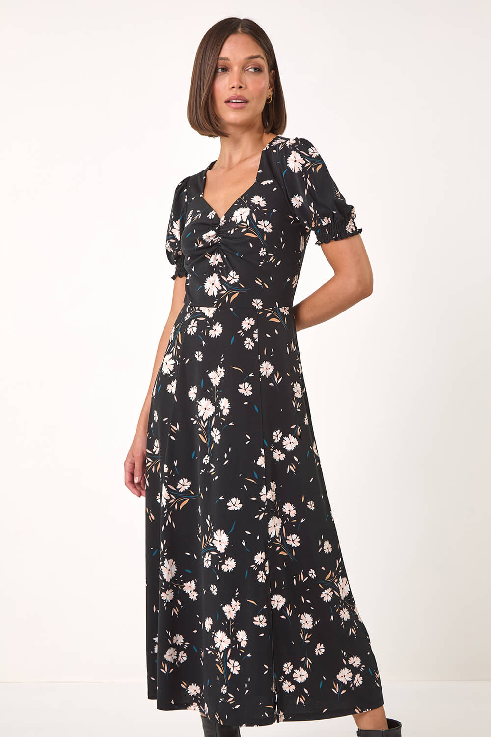 Black Floral Sweetheart Neck Dress