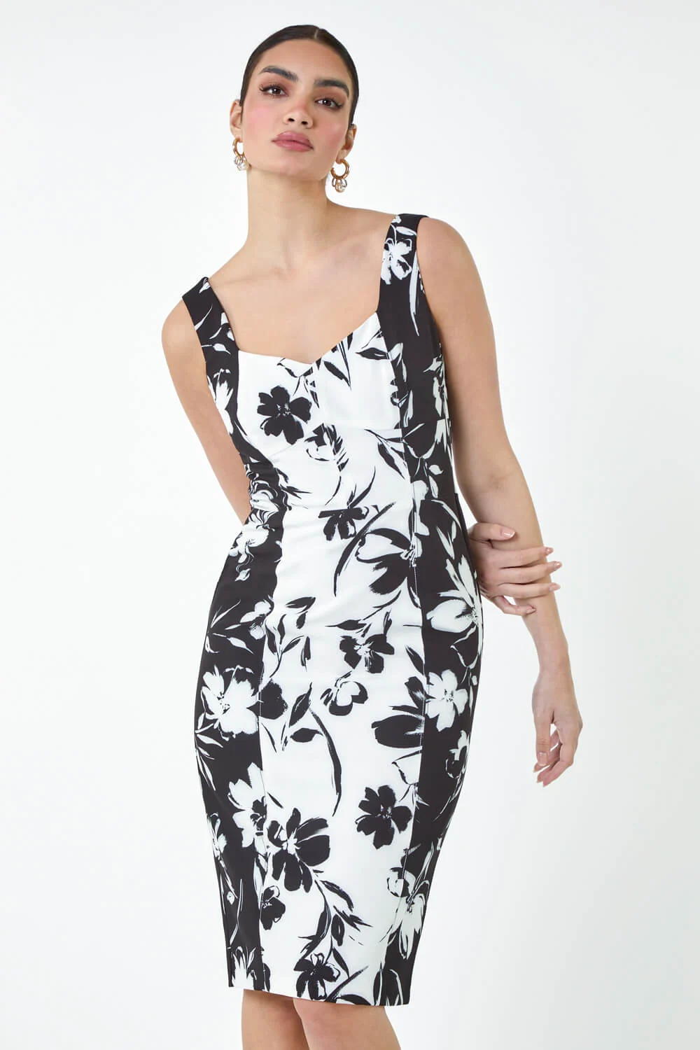 Black Floral Corset Detail Stretch Bodycon Dress