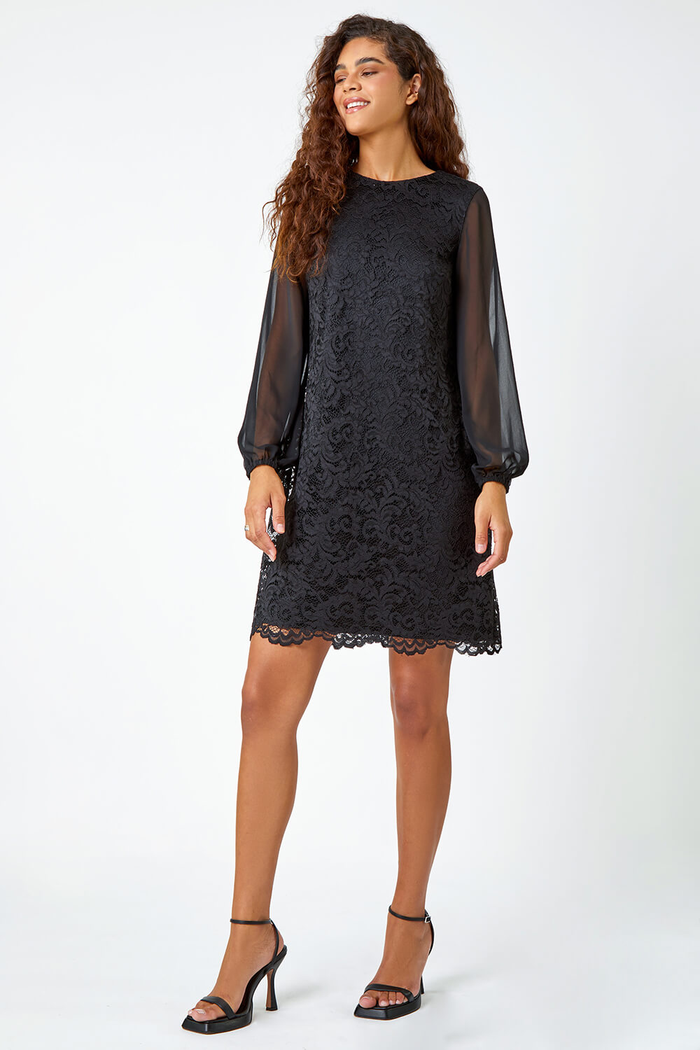 Black Floral Lace Chiffon Sleeve Shift Dress