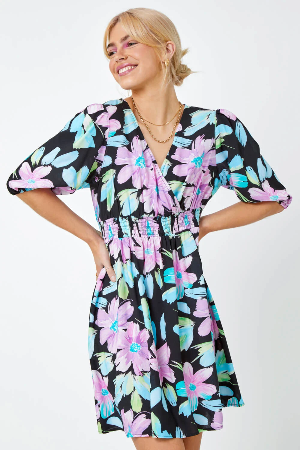 Black Dusk Floral Print Wrap Mini Dress