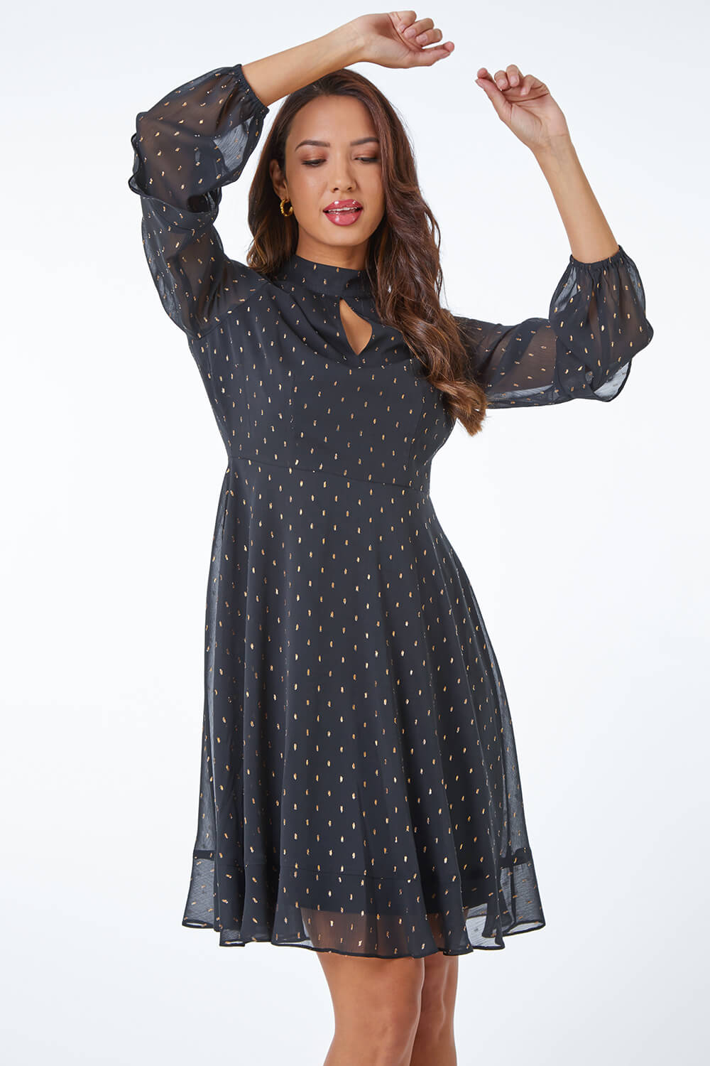 Black Metallic Spot Keyhole Detail Chiffon Dress