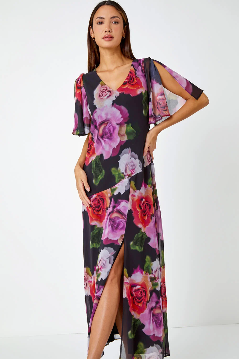 Black Floral Print Chiffon Tie Back Maxi Dress