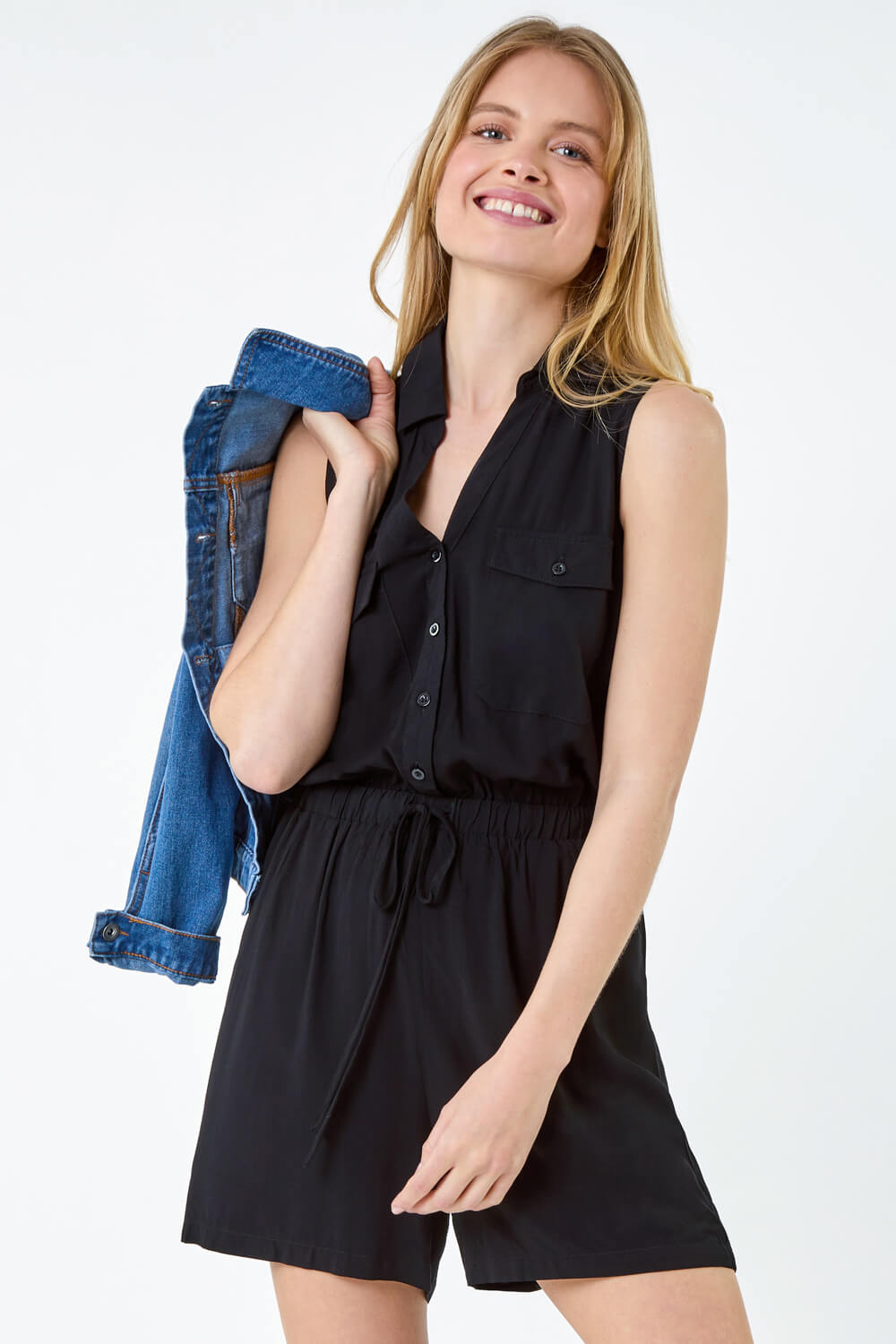 Black Button Through Utility Playsuit