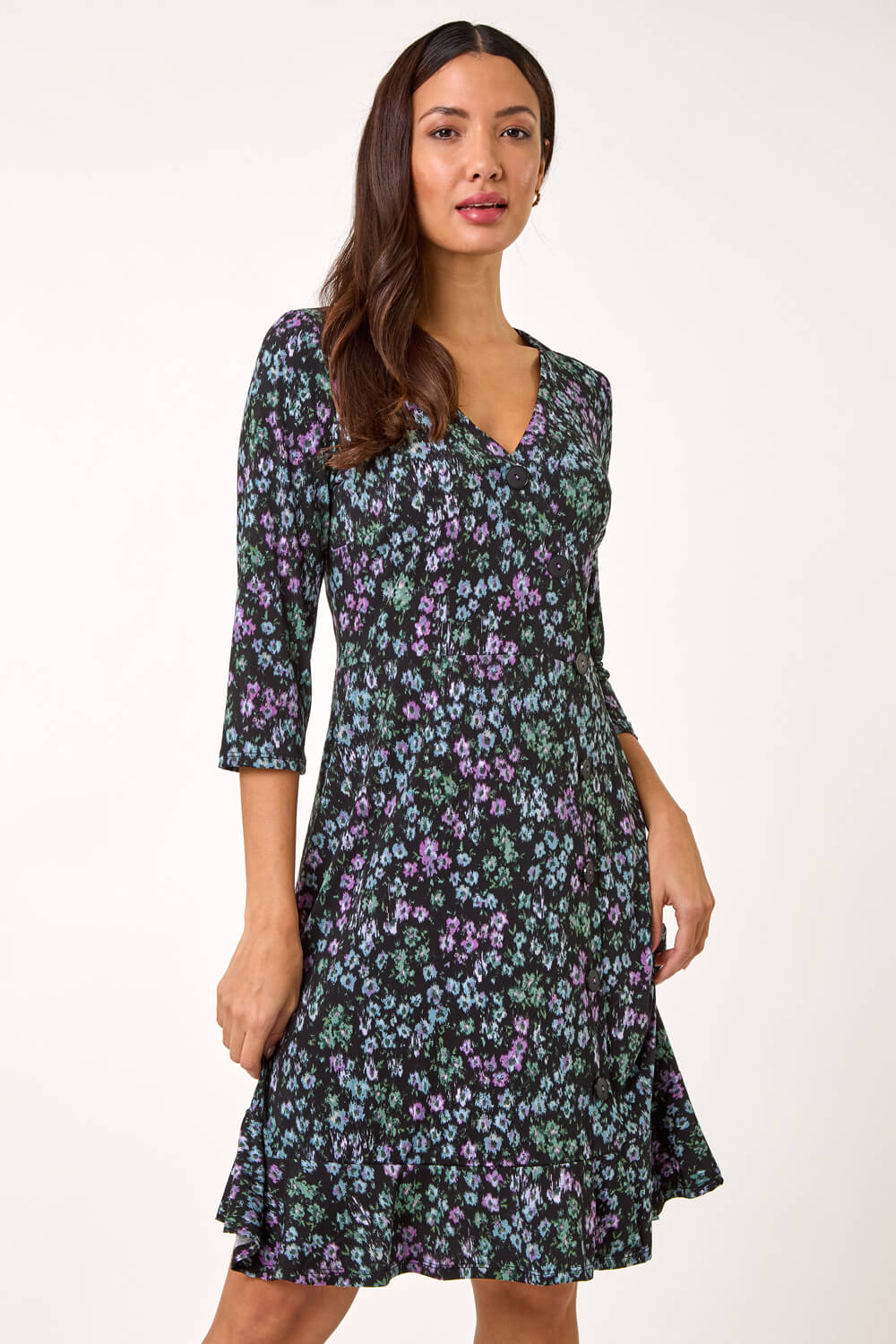 Black Floral Print Side Button Stretch Dress