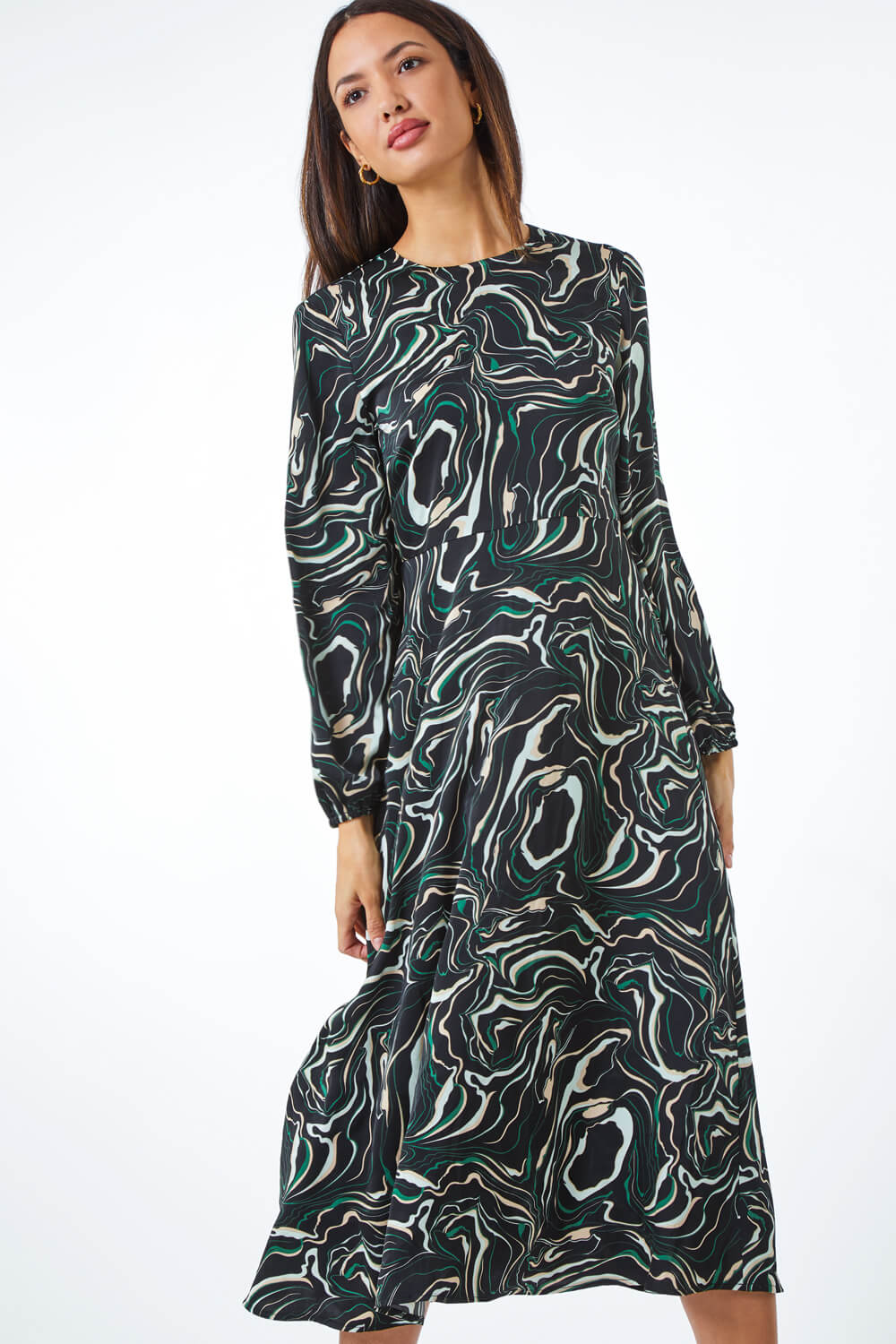 Black Marble Print Fit & Flare Dress