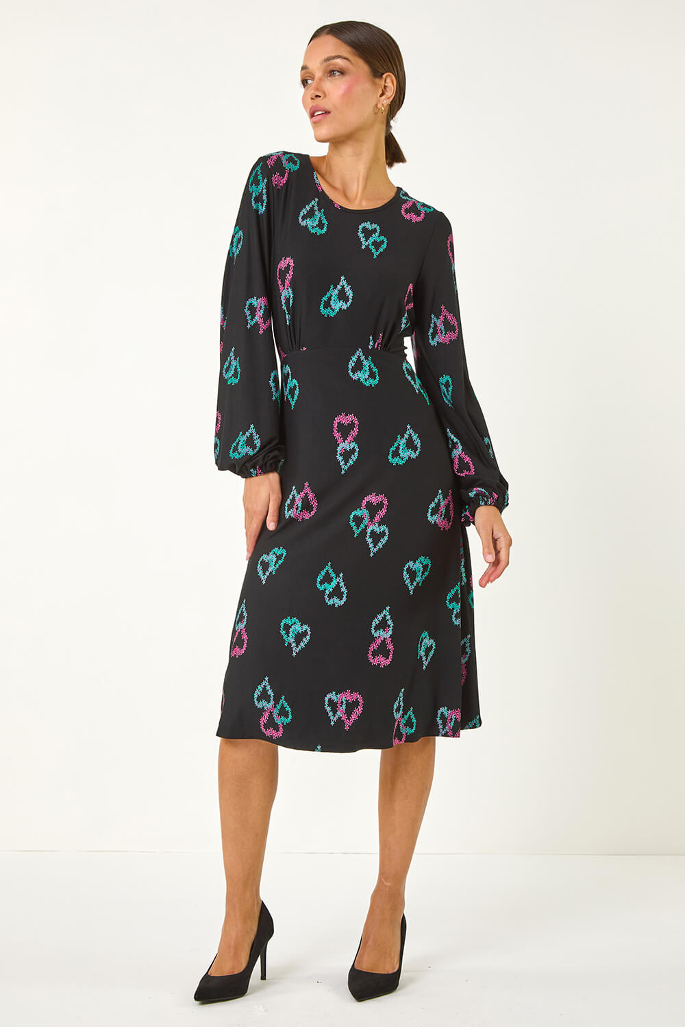 Black Heart Print Tea Stretch Midi Dress