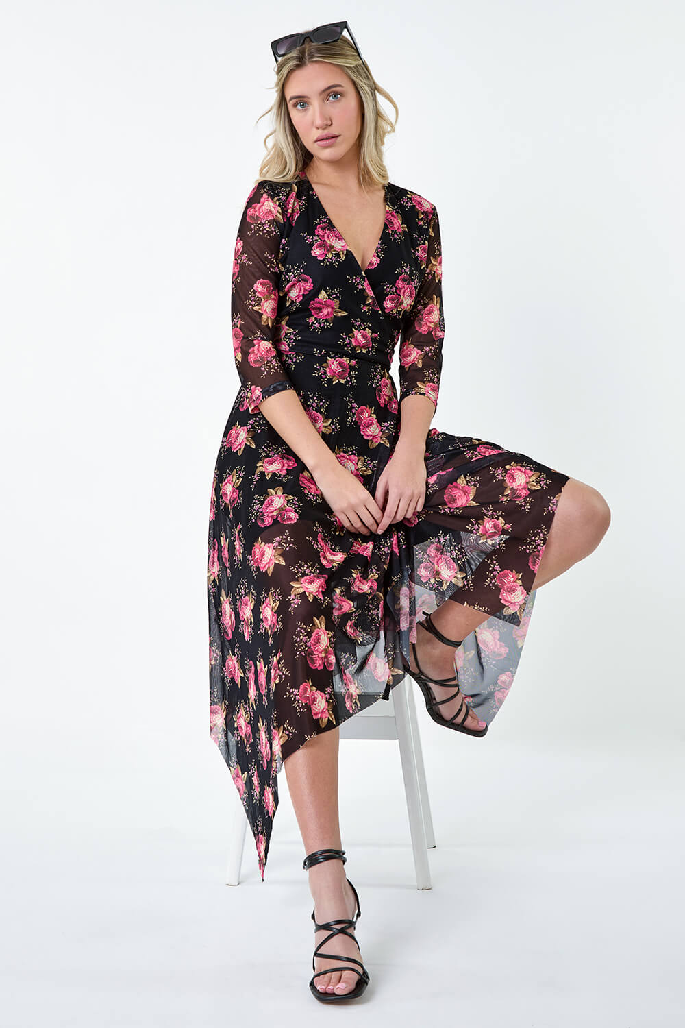 Black Floral Stretch Mesh Hanky Hem Wrap Dress