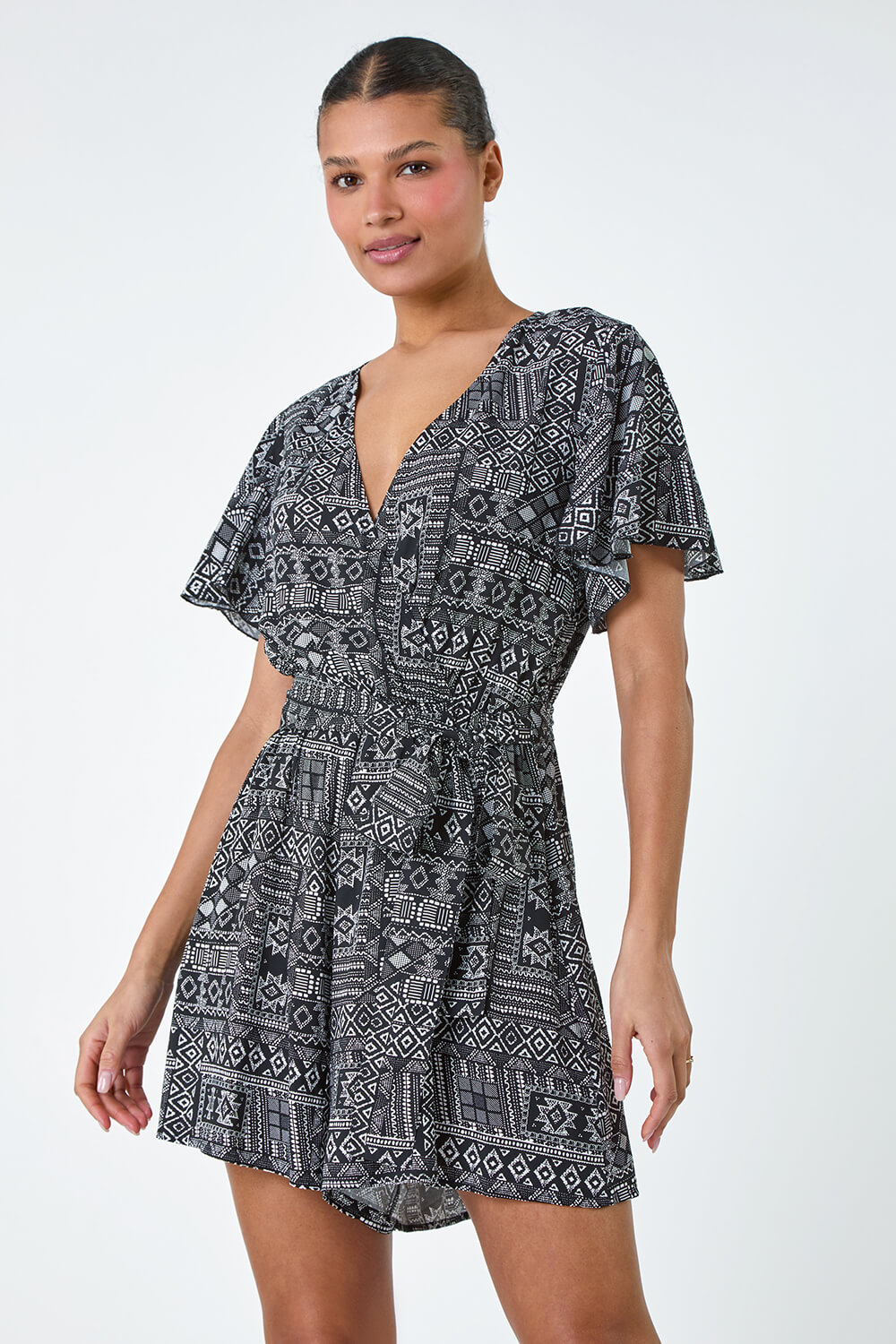 Black Aztec Print Wrap Wrap Playsuit