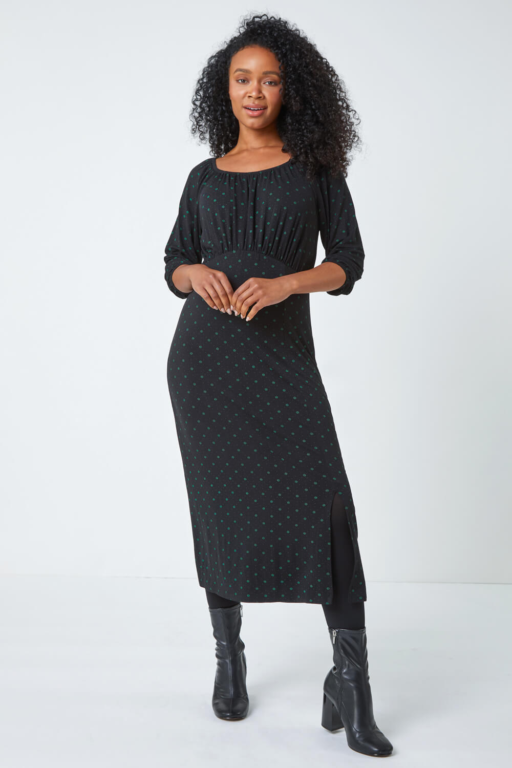 Black Petite Polka Dot Midi Stretch Dress