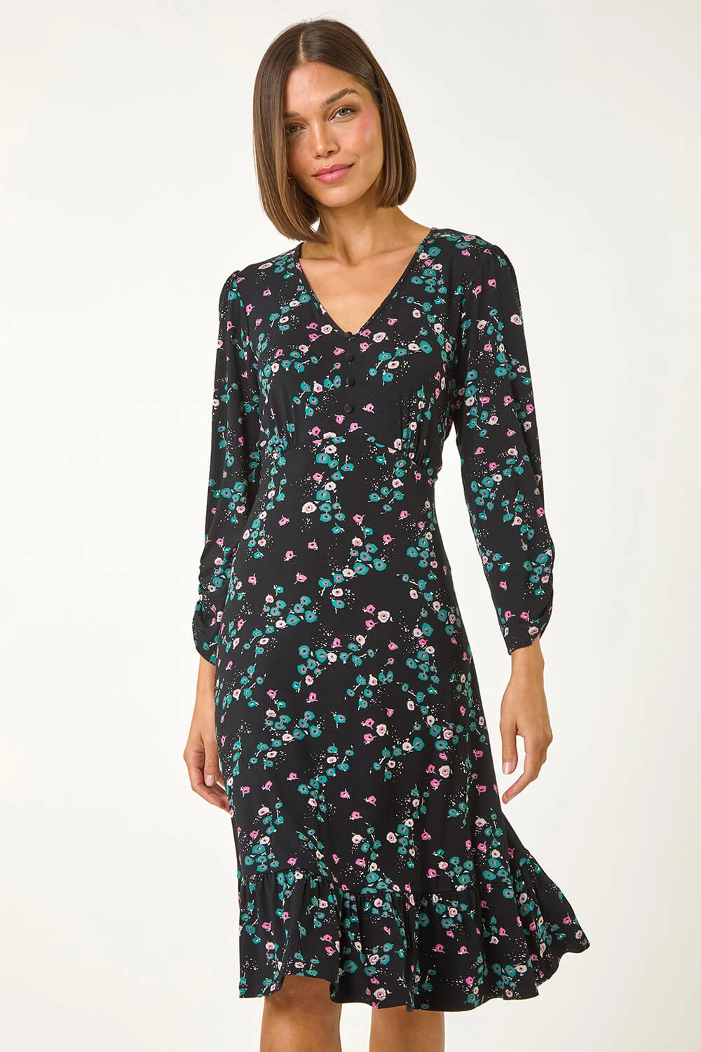 Black Floral Print Button Tea Stretch Dress