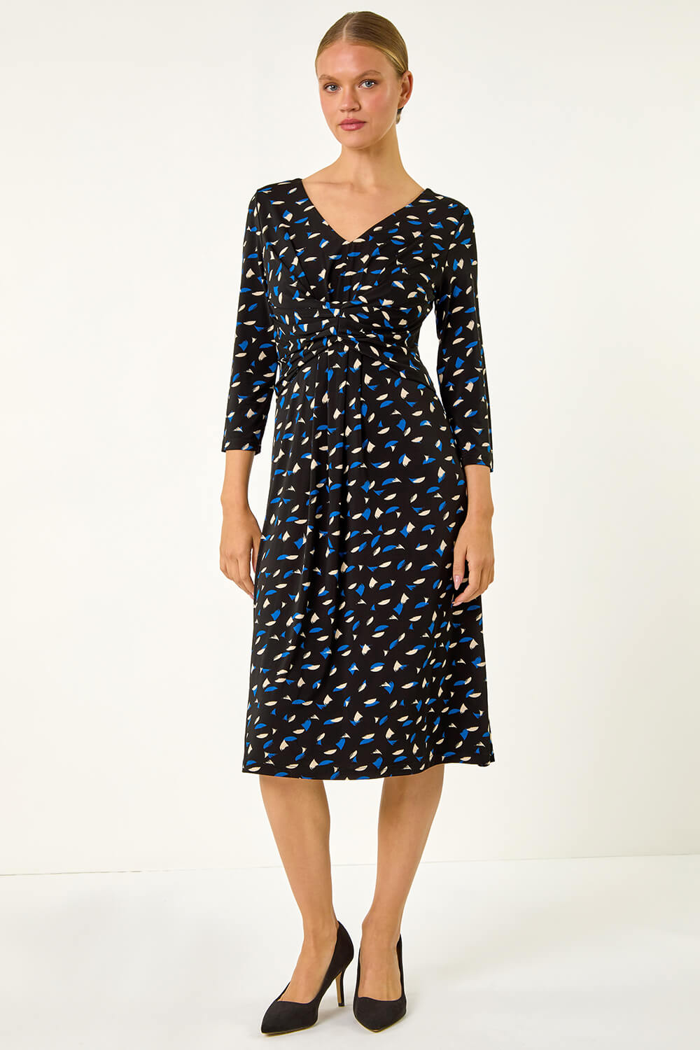 Black Geo Print Stretch Midi Dress
