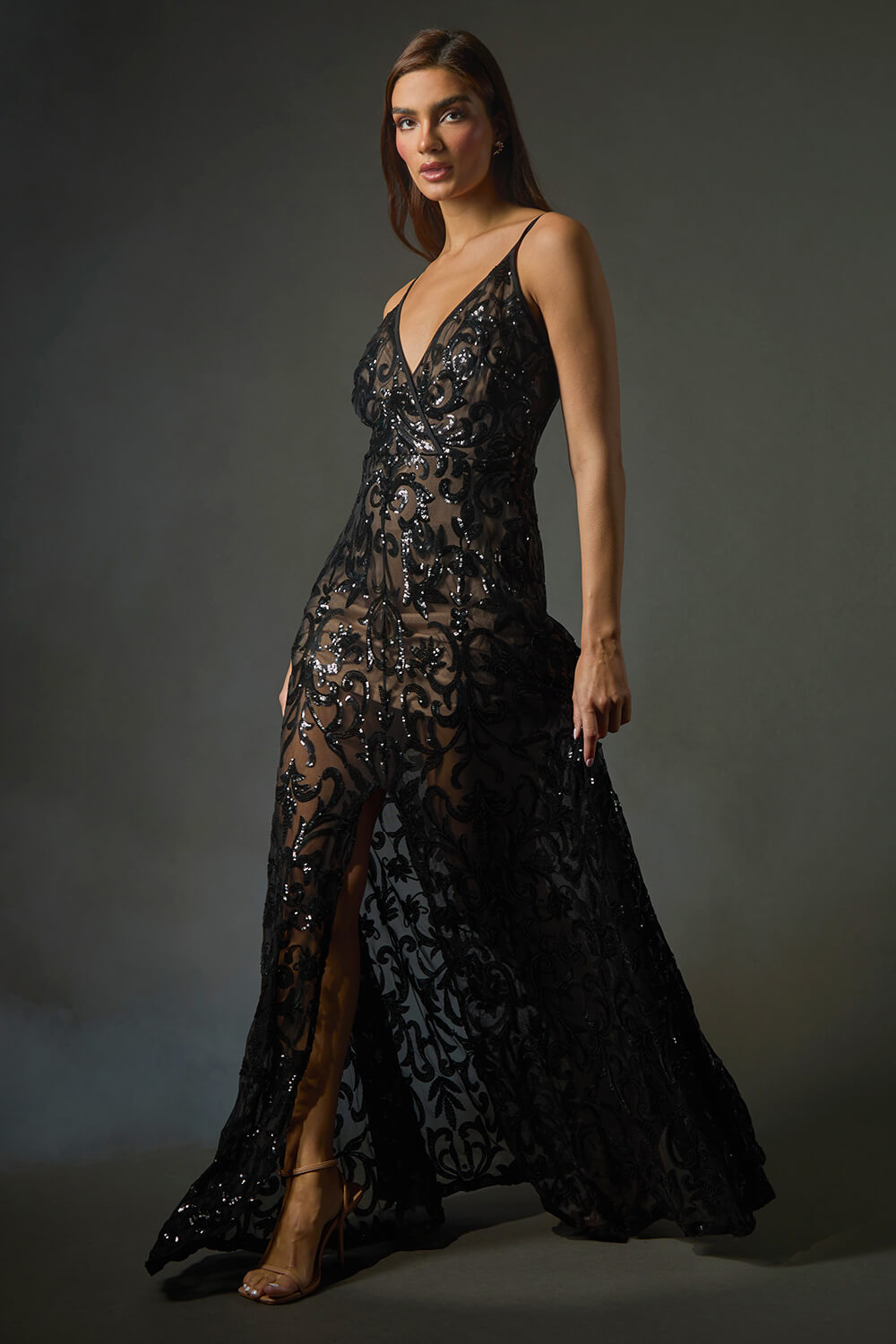 Black Iridescent Sequin Bodycon Maxi Dress