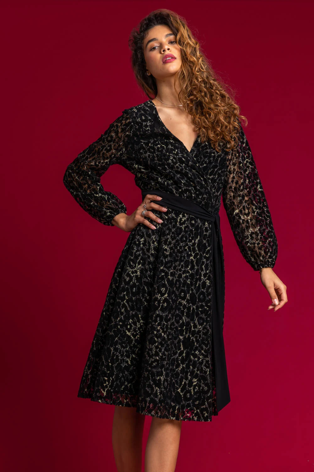 Black Leopard Print Shimmer Lace Wrap Skater Dress