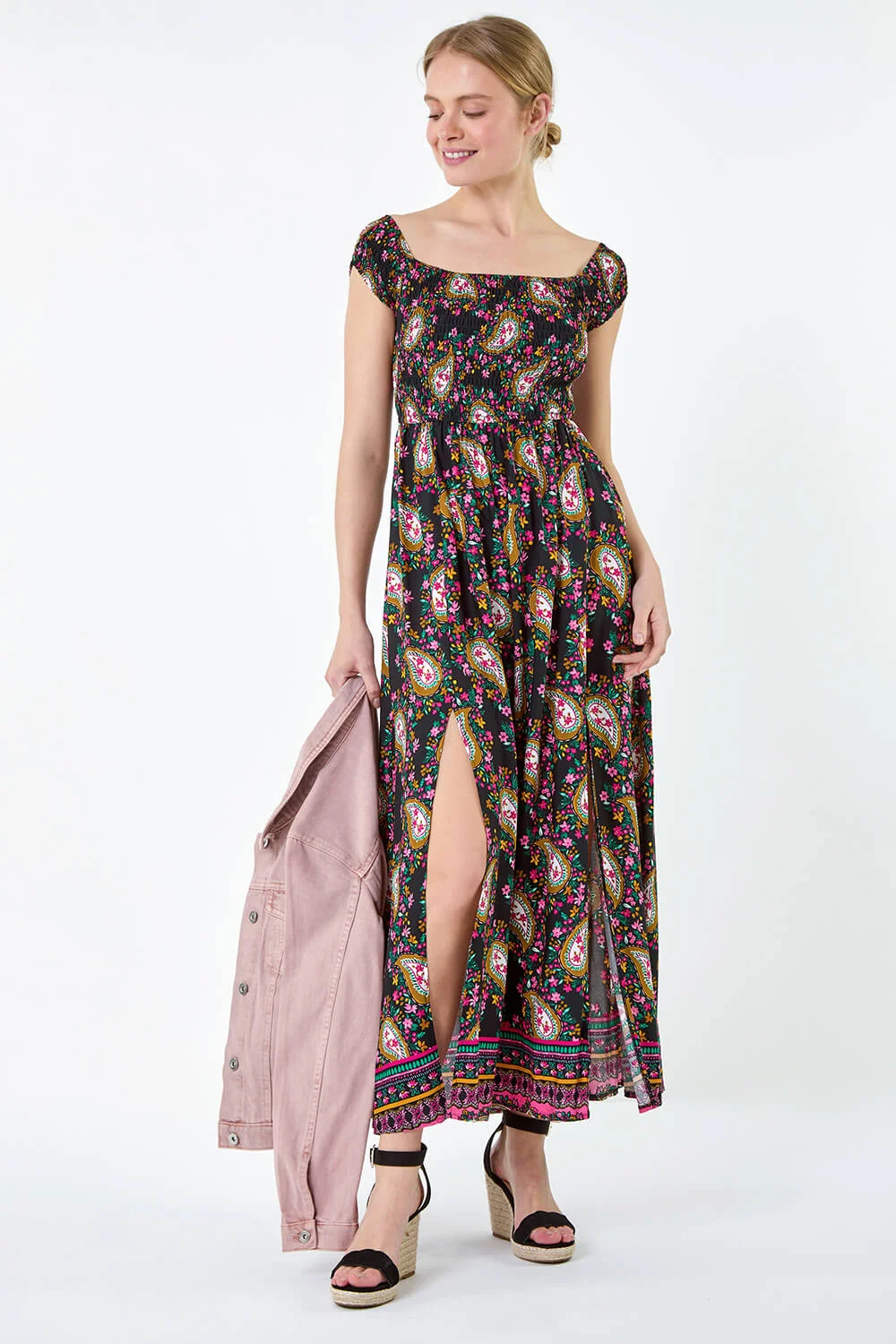 Black Paisley Shirred Bardot Maxi Dress