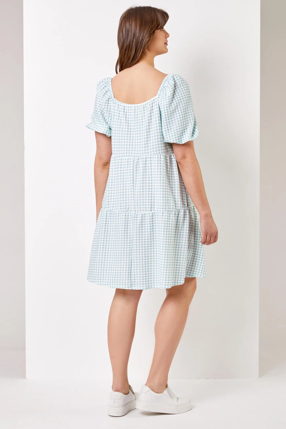 Aqua Curve Gingham Print Tiered Dress