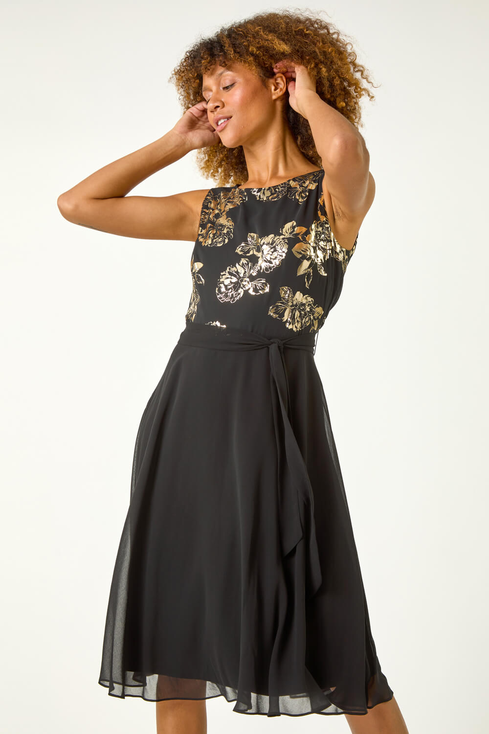 Black Foil Floral Print Fit & Flare Dress