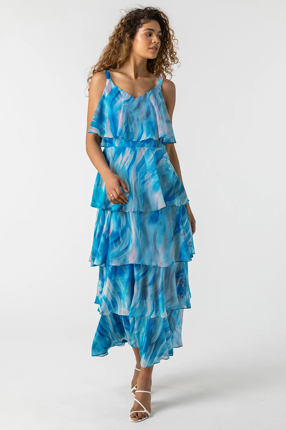 Aqua Abstract Print ChiffonTiered Maxi Dress