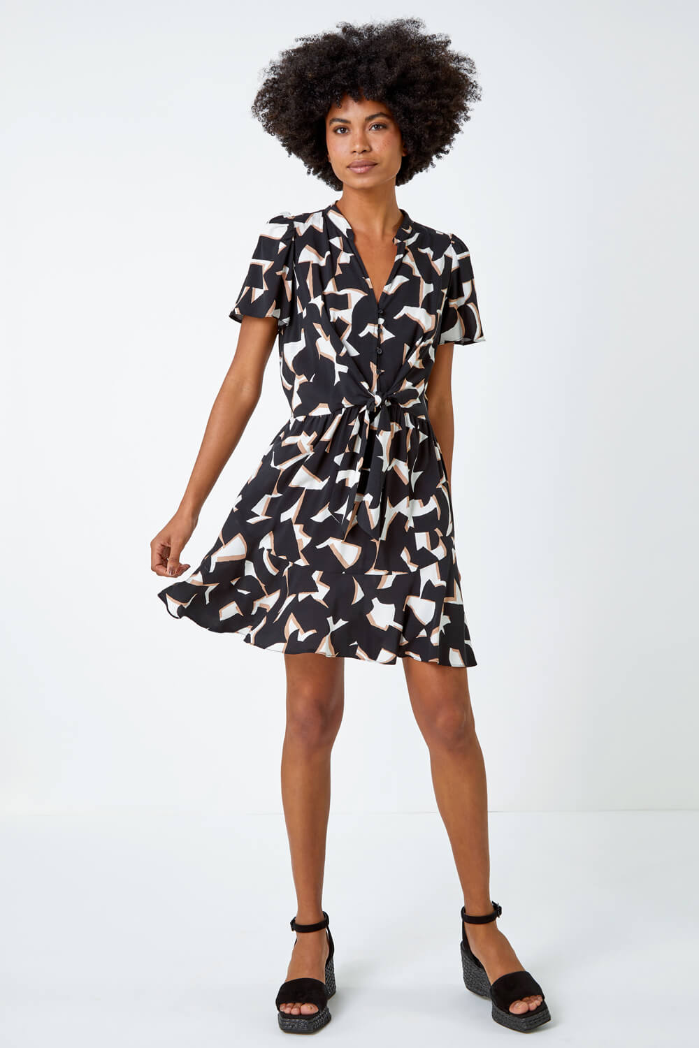 Black Geometric Print Frill Hem Skater Dress