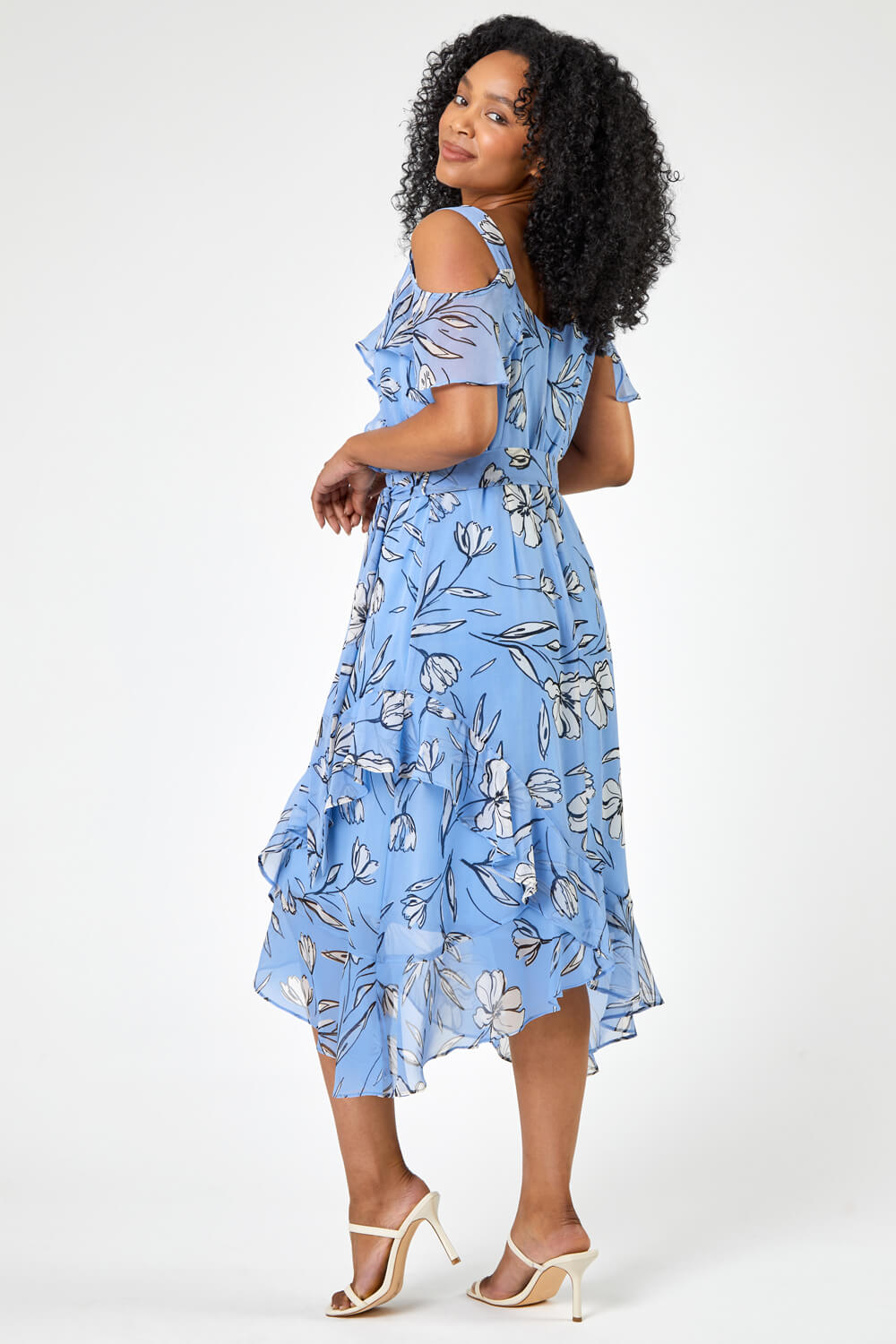 Blue Petite Floral Cold Shoulder Chiffon Midi Dress