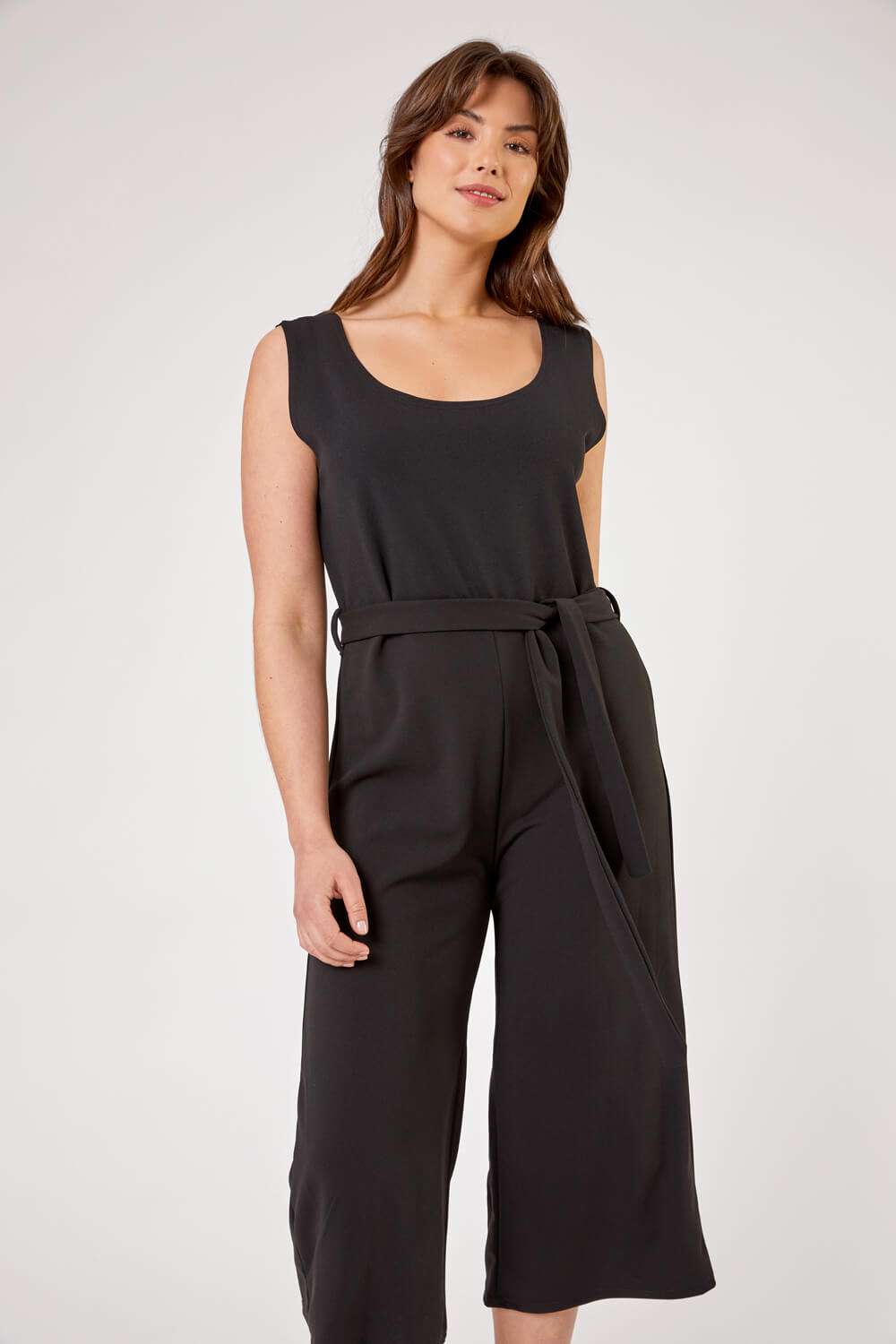 Black Curve Belted Plain Jumpsuit