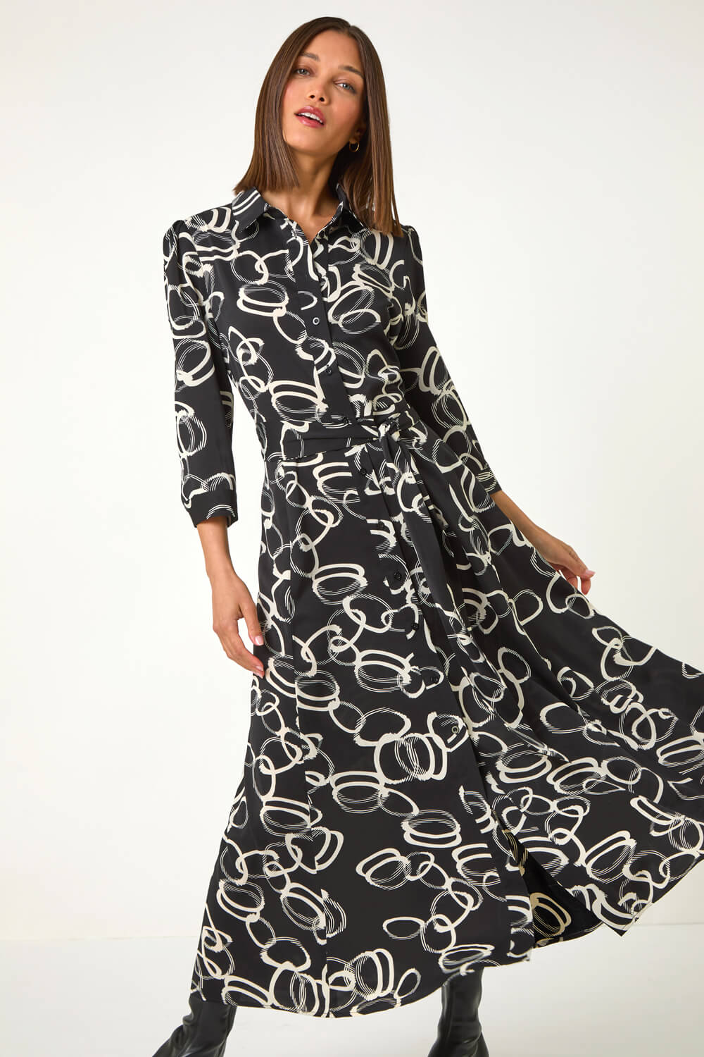 Black Abstract Circle Print Midi Shirt Dress
