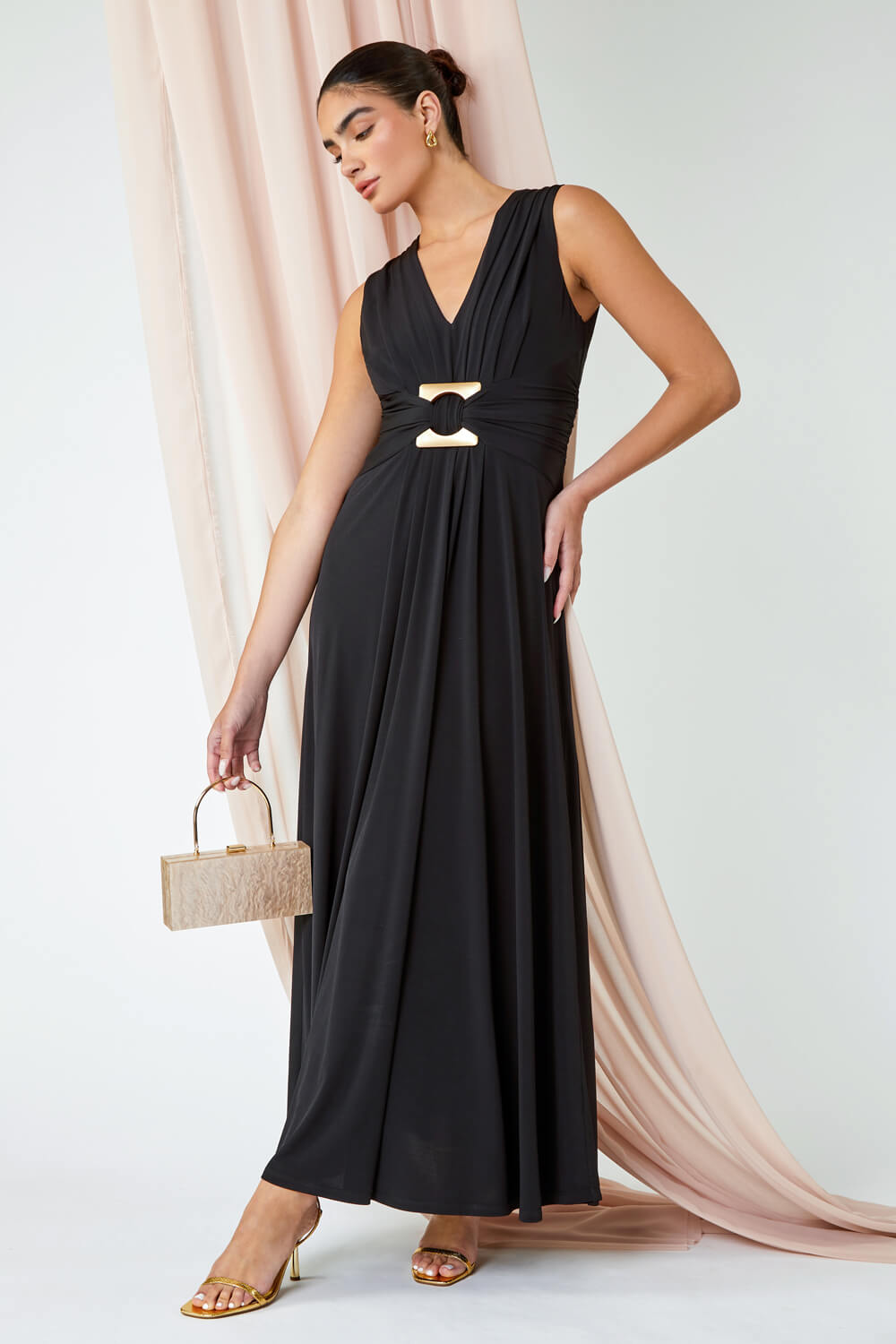 Black Buckle Detail Maxi Stretch Dress