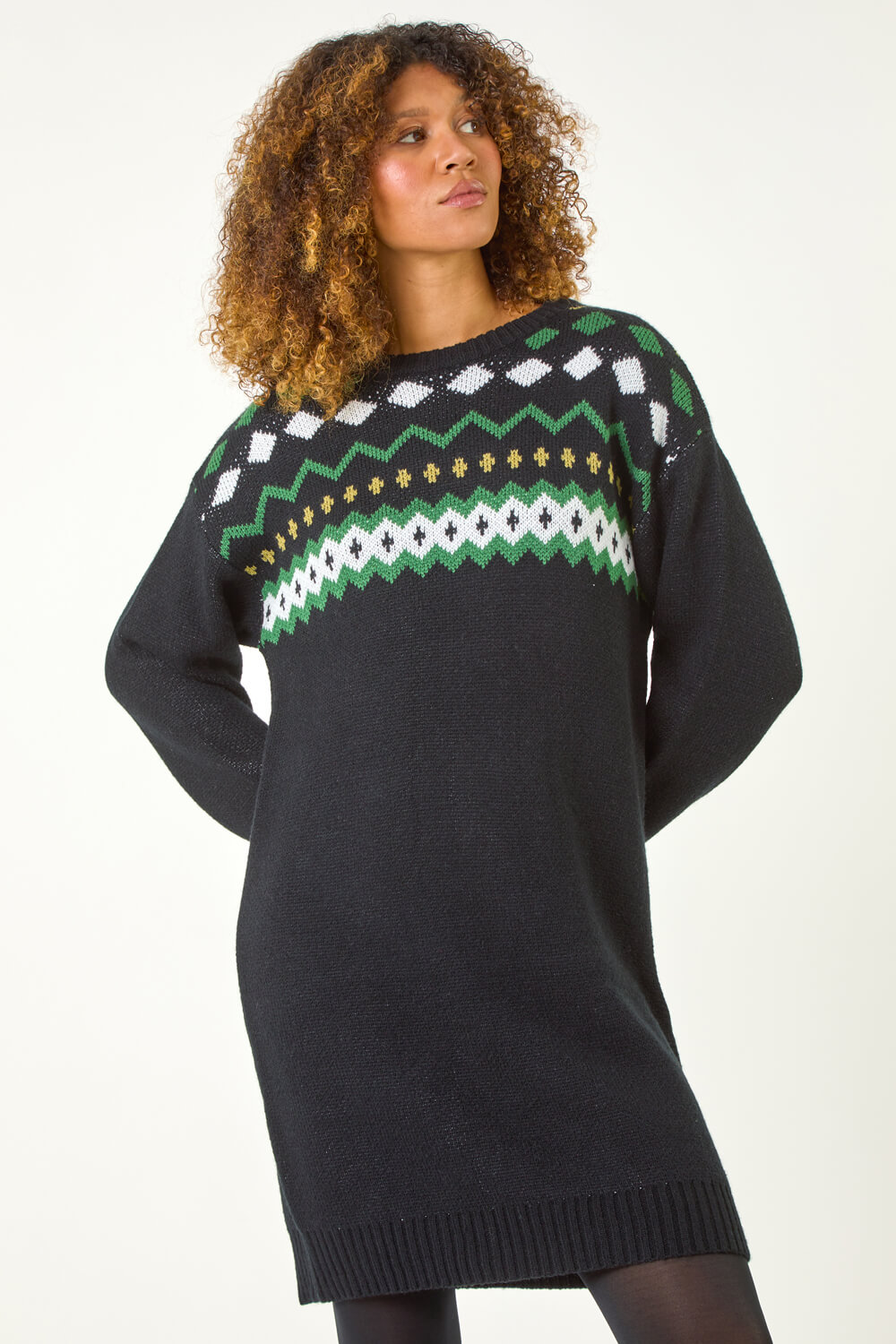 Black Nordic Print Knitted Jumper Dress