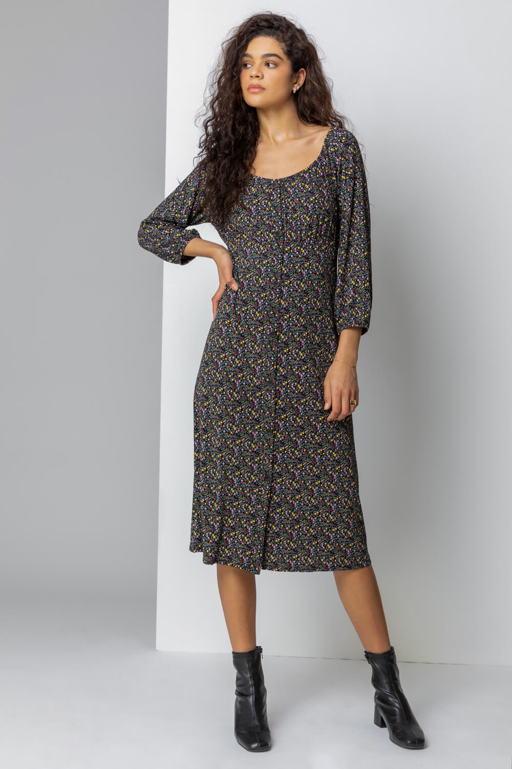 Black Ditsy Floral Print Button Dress