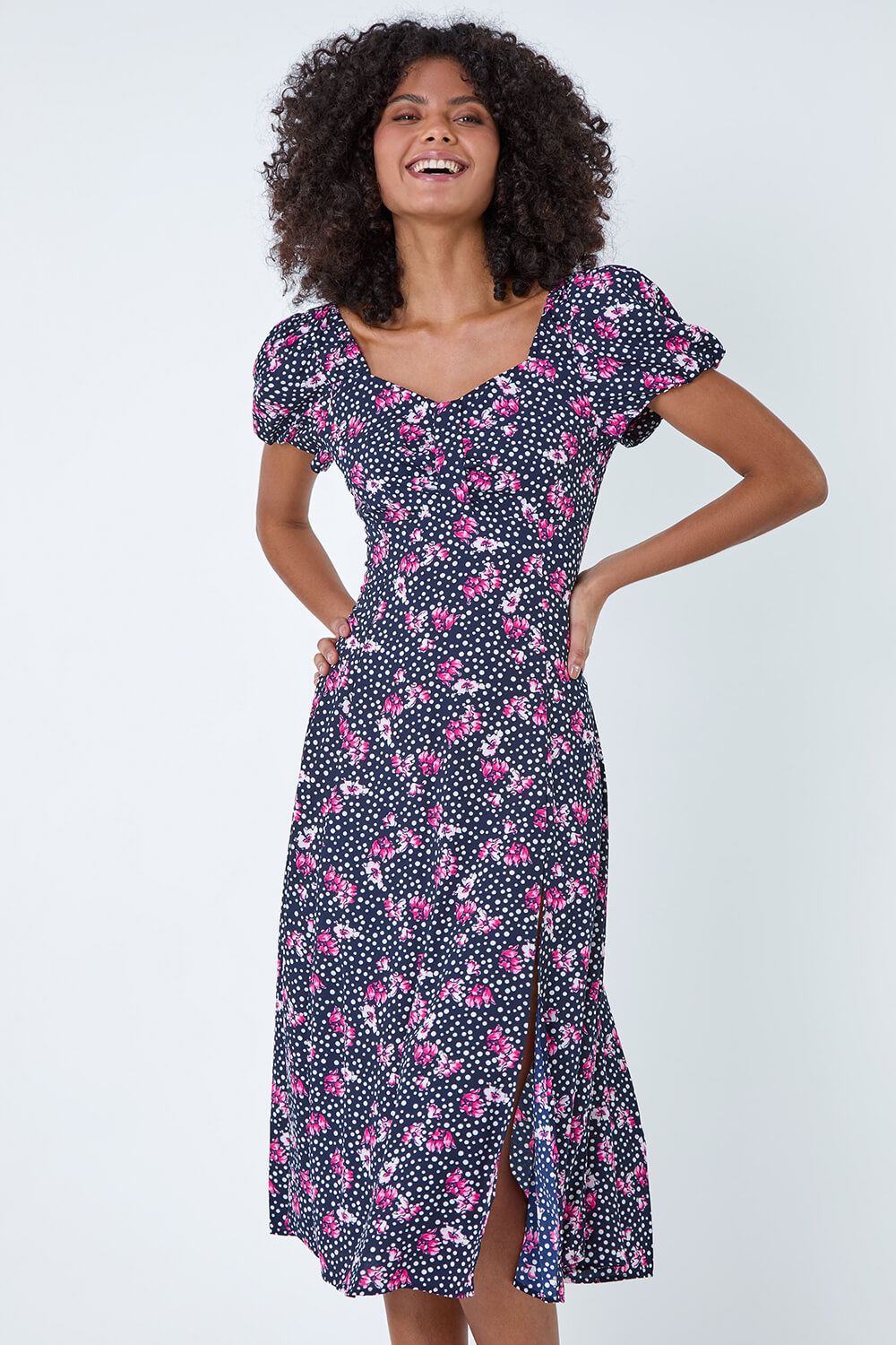 Black Floral Polka Dot Puff Sleeve Midi Dress