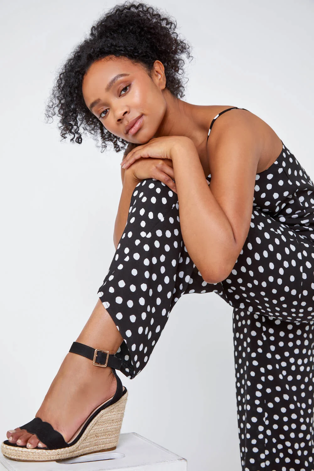 Black Petite Full Length Polka Dot Jumpsuit