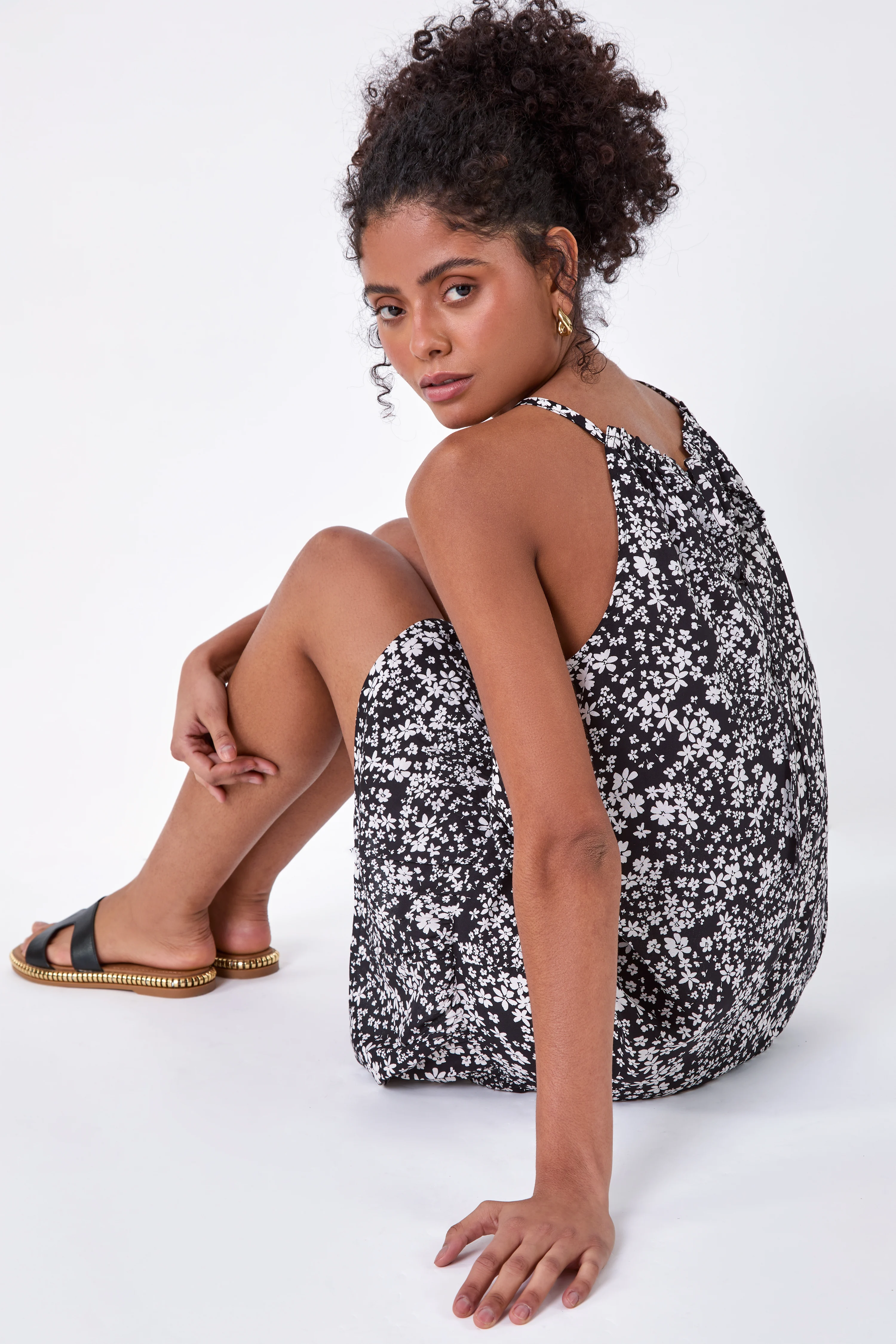 Black Ditsy Floral Frill Hem Dress