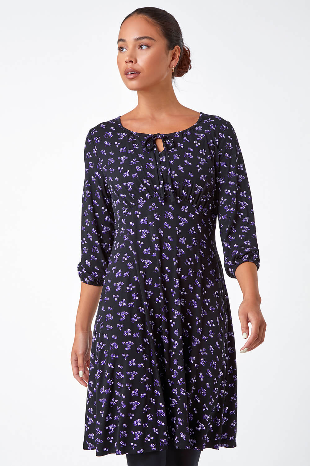 Black Petite Ditsy Floral Stretch Tea Dress