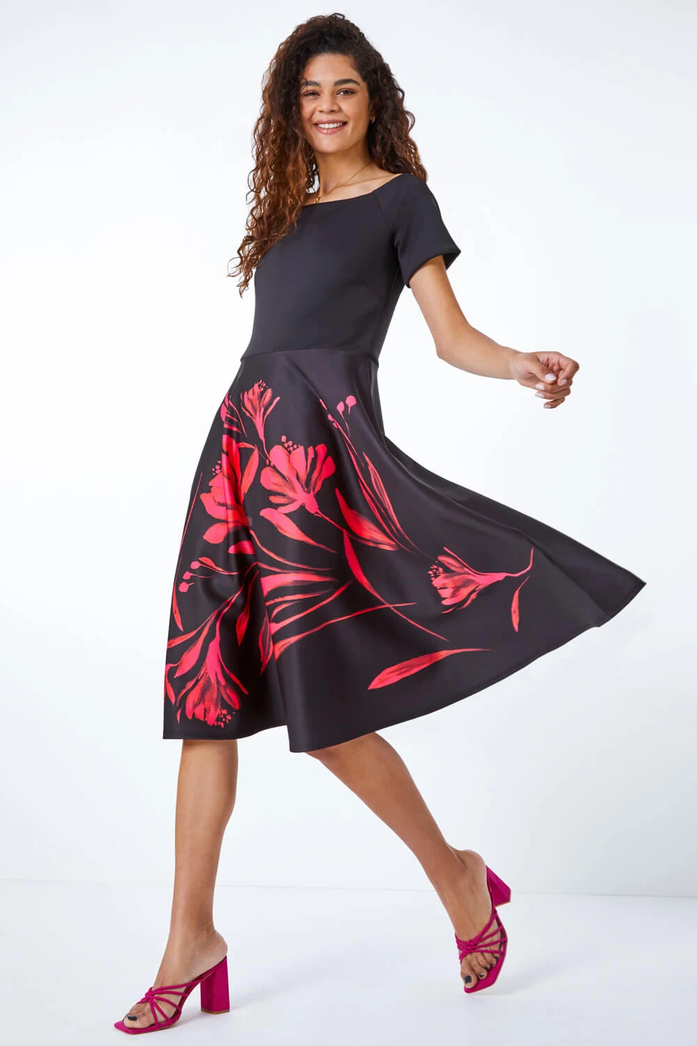Black Floral Fit & Flare Bardot Dress