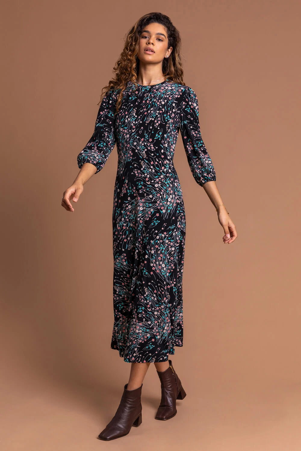 Black Floral Keyhole Detail Fit & Flare Dress