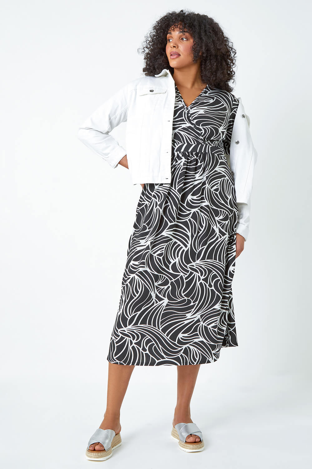 Black Curve Linear Print Midi Wrap Dress
