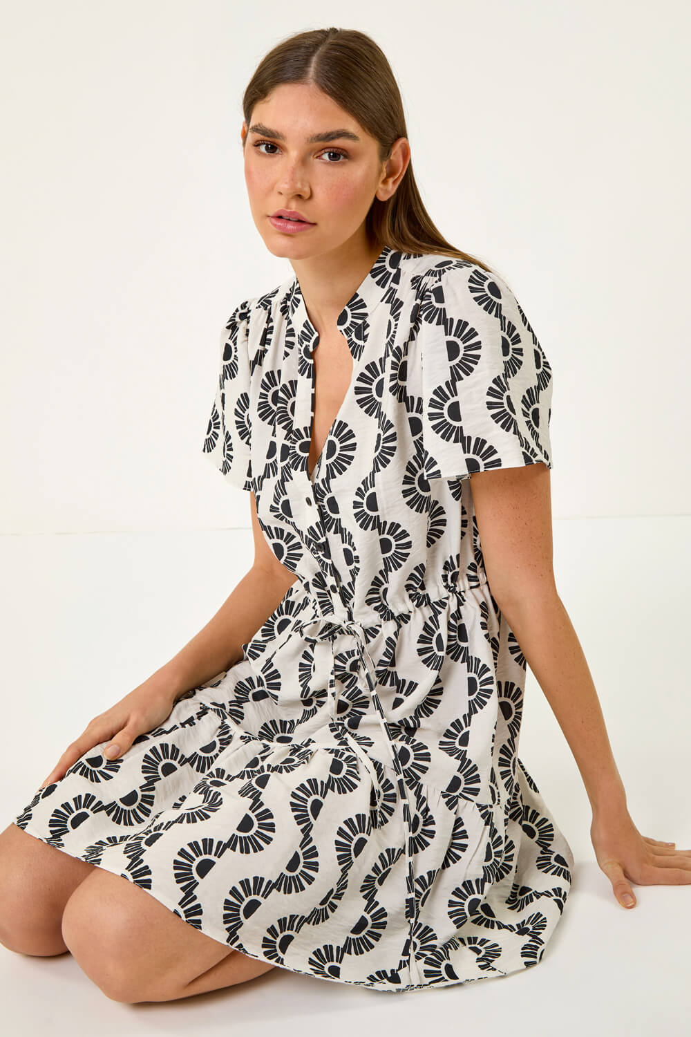Black Fan Print Frill Hem Shirt Dress