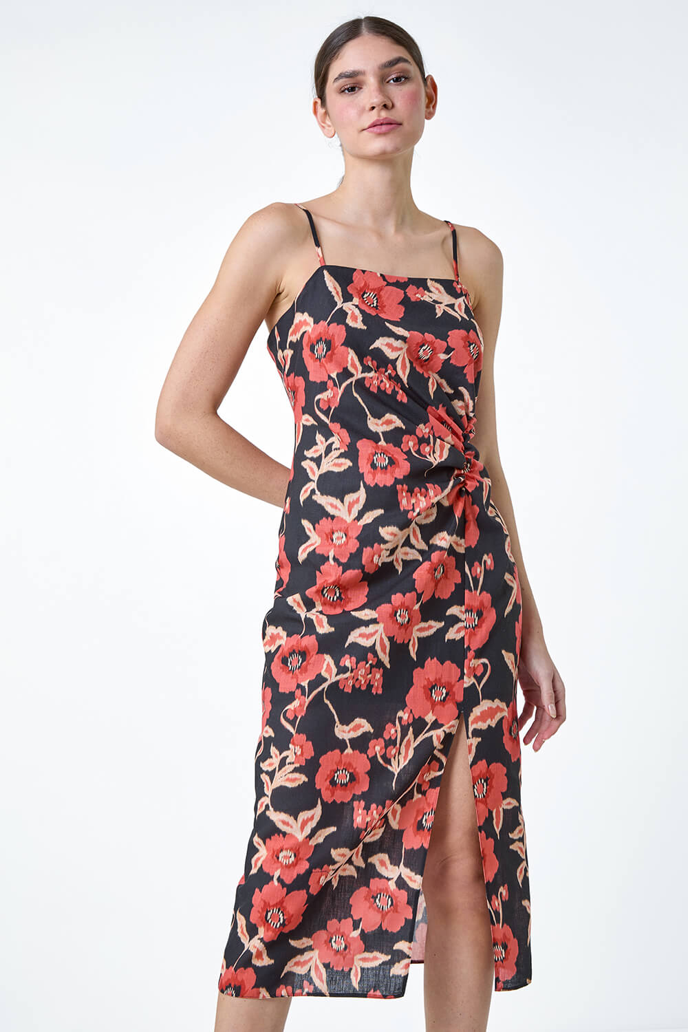 Black Floral Linen Look Ruched Midi Dress