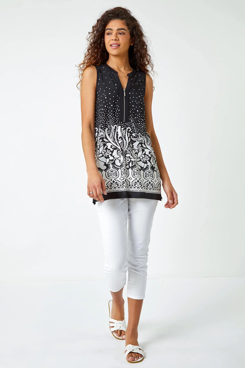 Black Border Print Zip Detail V-Neck Tunic Top