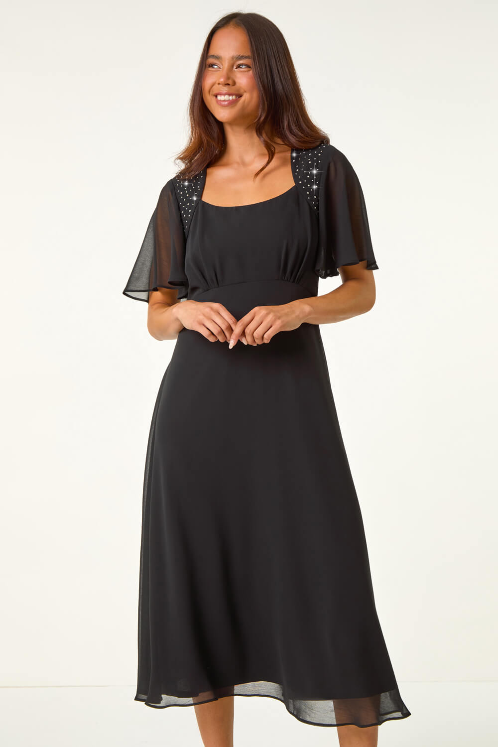 Black Petite Hotfix Detail Midi Dress