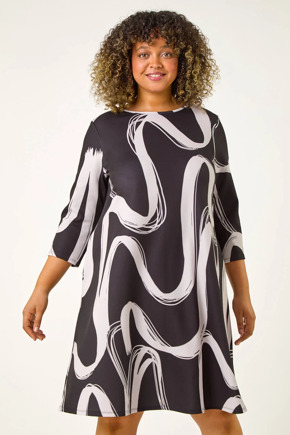Black Curve Brush Print Stretch Swing Dress