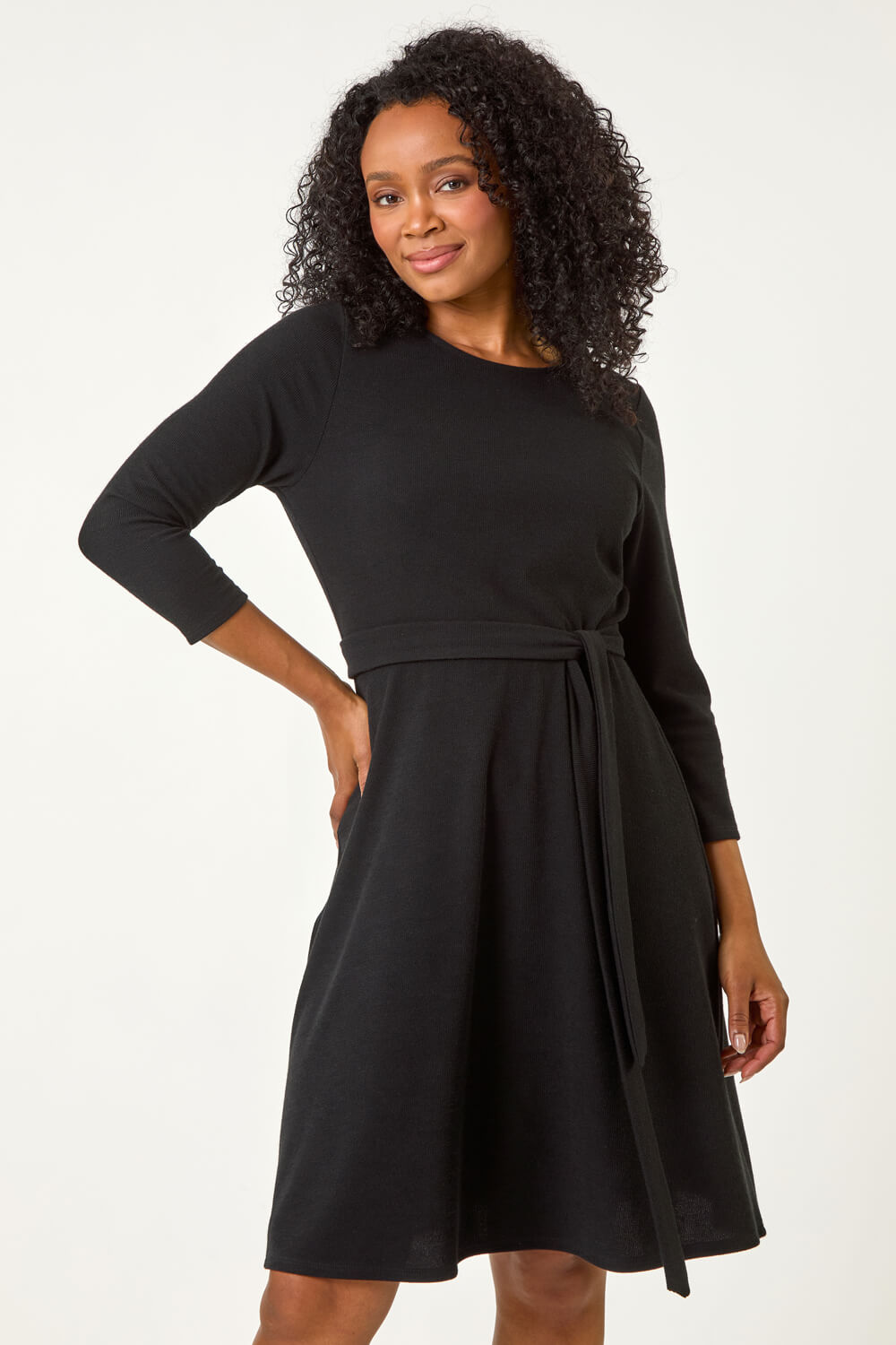 Black Petite Ribbed Tie Waist Detail Dress