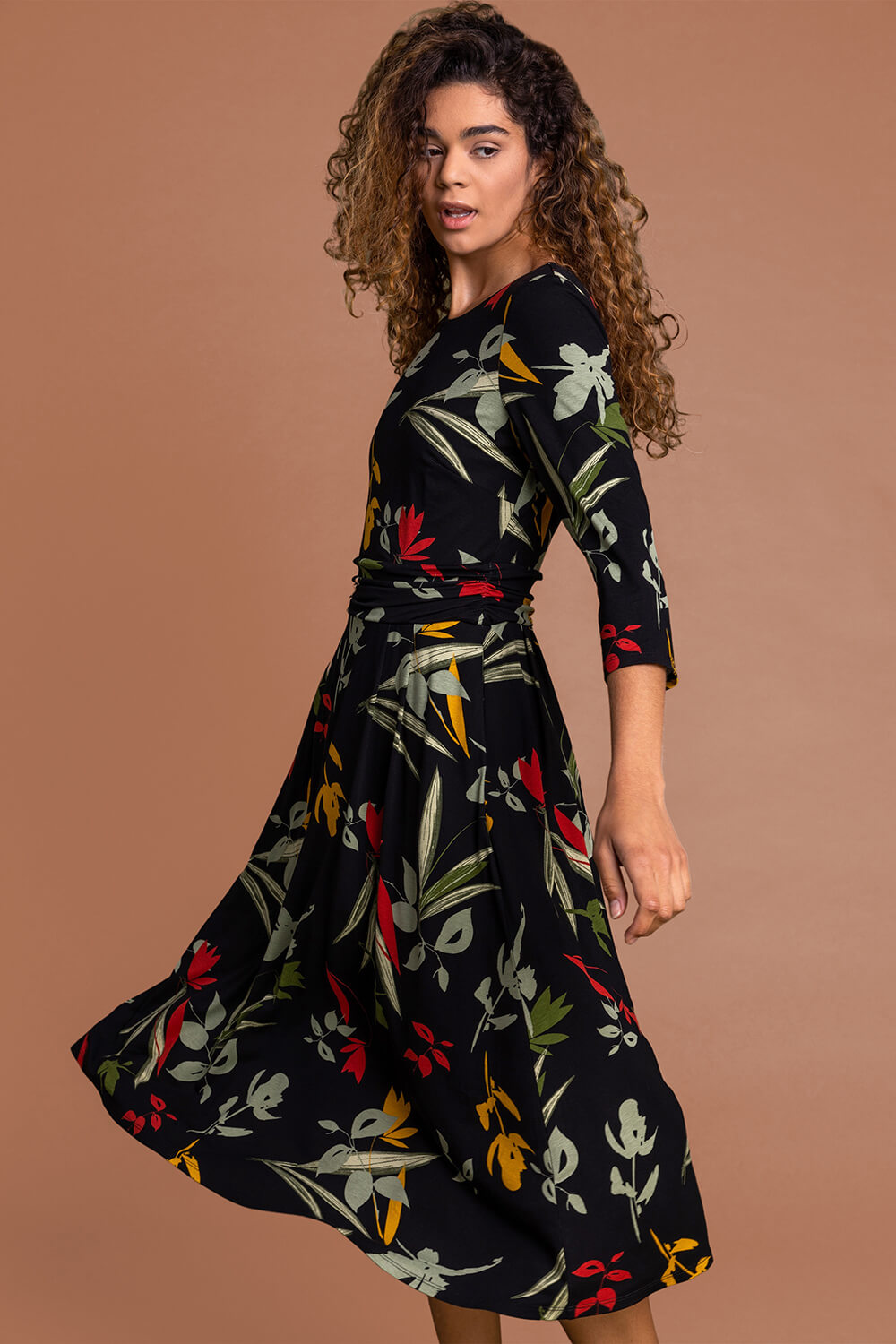 Black Floral Print Gathered Waist Dress