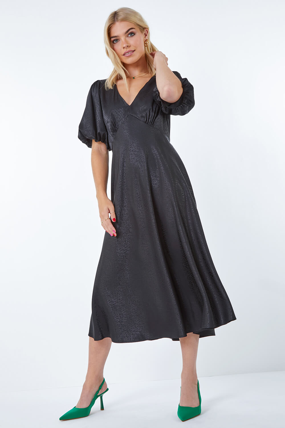 Black Dusk Puff Sleeve Satin Midi Dress